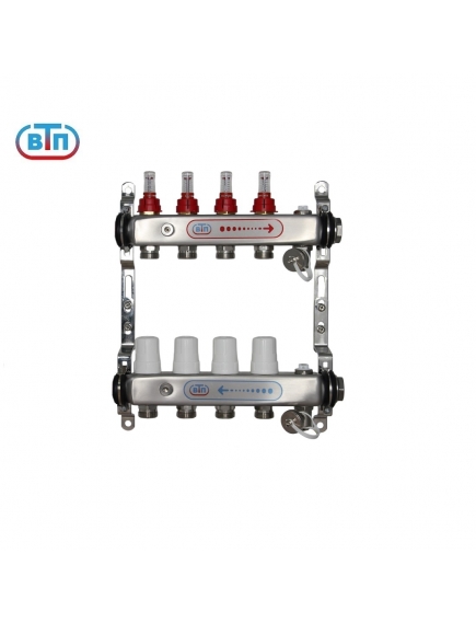 Коллекторная группа ВТП 4 выхода, нержавеющая сталь, с расходомерами tn, без термометров заглушка