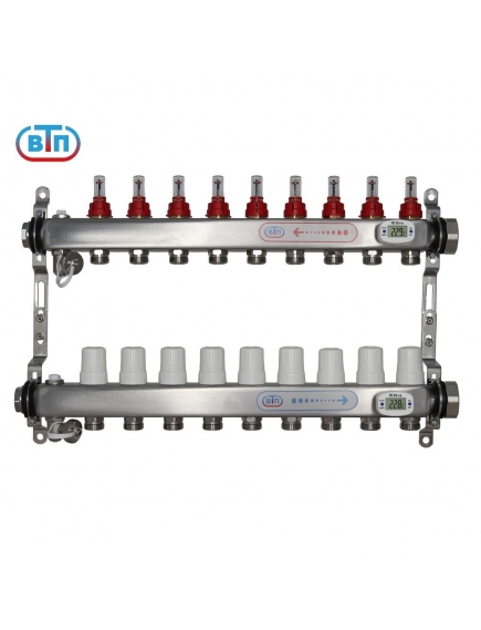 Коллекторная группа 9 контуров гайки справа, электронные термометры А40.Ртн.09.ВР/НГ.ЭТ ВТП