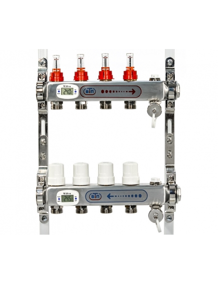 Коллекторная группа 4 выхода электронный термометр с расходомерами и воздухоотводчиками нержавейка