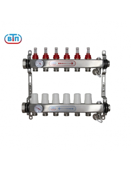 Коллекторная группа 6 контуров гайки слева, БМ термометры А40.Ртн.06.НГ/ВР.БТ ВТП