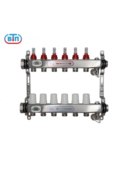 Коллекторная группа 6 контуров гайки слева, электронные термометры А40.Ртн.06.НГ/ВР.ЭТ ВТП