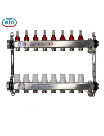 Коллекторная группа 8 контуров гайки слева, БМ термометры А40.Ртн.08.НГ/ВР.БТ ВТП