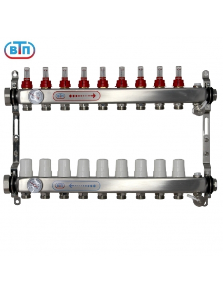Коллекторная группа 9 контуров гайки слева, БМ термометры А40.Ртн.09.НГ/ВР.БТ ВТП