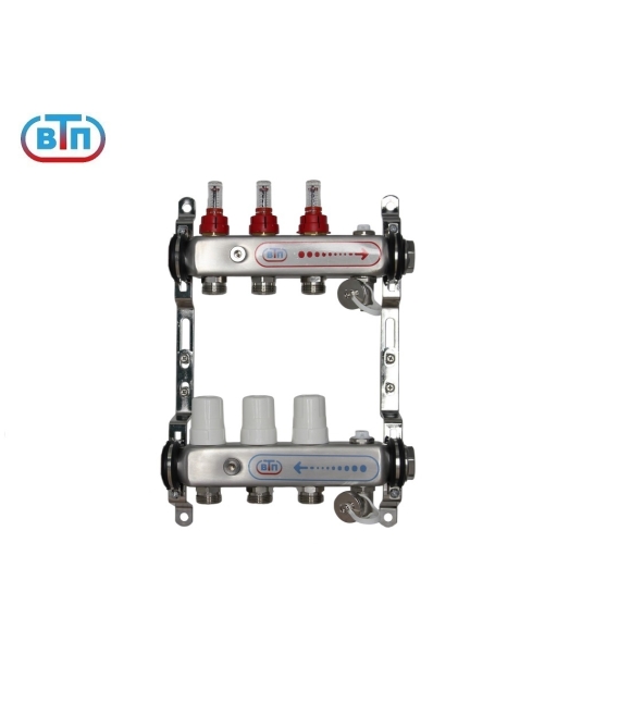 Коллекторная группа ВТП 3 выхода, нержавеющая сталь, с расходомерами tn, без термометров заглушка