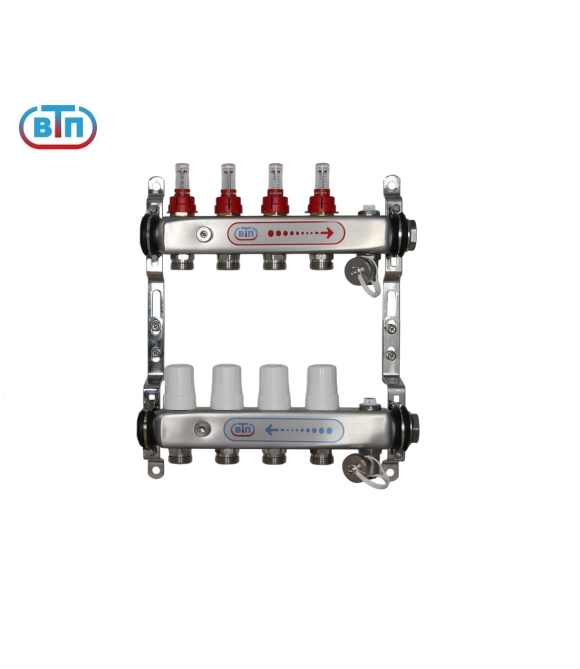 Коллекторная группа ВТП 4 выхода, нержавеющая сталь, с расходомерами tn, без термометров заглушка