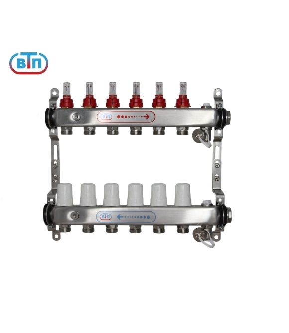 Коллекторная группа ВТП 6 выхода, нержавеющая сталь, с расходомерами tn, без термометров заглушка
