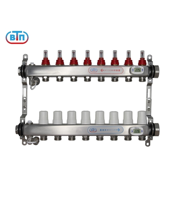 Коллекторная группа 8 контуров гайки справа, электронные термометры А40.Ртн.08.ВР/НГ.ЭТ ВТП