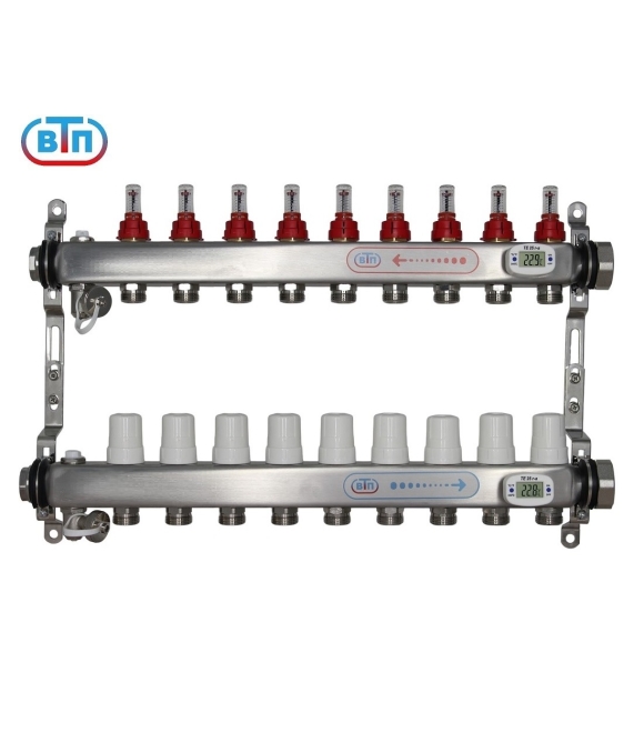 Коллекторная группа 9 контуров гайки справа, электронные термометры А40.Ртн.09.ВР/НГ.ЭТ ВТП