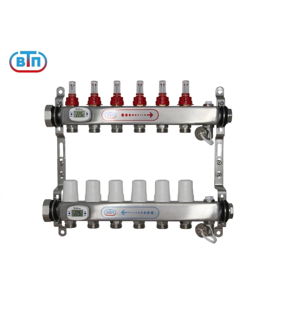 Коллекторная группа 6 контуров гайки слева, электронные термометры А40.Ртн.06.НГ/ВР.ЭТ ВТП