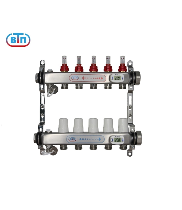 Коллекторная группа 5 контуров гайки справа, электронные термометры А40.Ртн.05.ВР/НГ.ЭТ ВТП